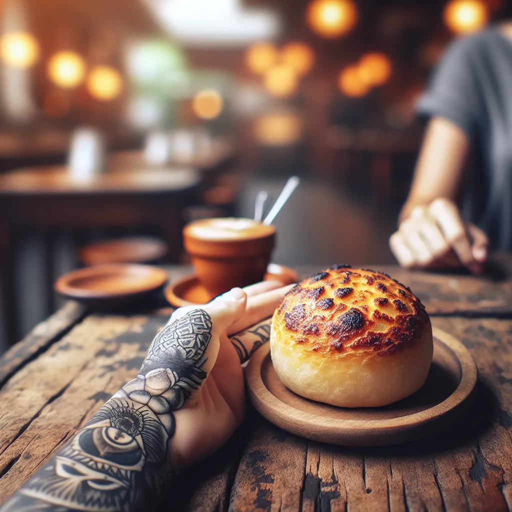Pão de queijo dourado e tatoo no café Um close em um pão de queijo perfeitamente assado, dourado, descansando sobre uma mesa de madeira rústica. Ao fundo, um sutil braço tatuado se estende em direção a um pedaço, exibindo intrincados desenhos de tinta contra a atmosfera quente e acolhedora de um café aconchegante, sugerindo indulgência e expressão pessoal.