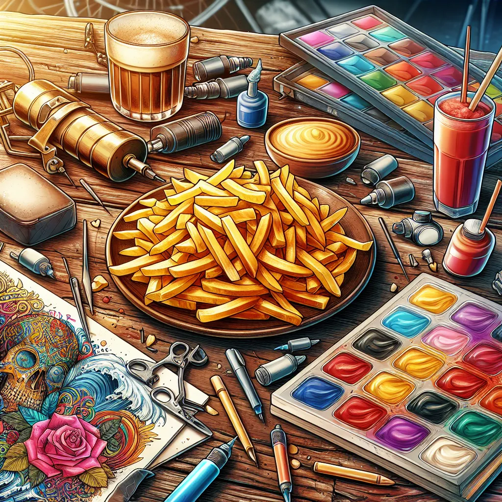 Batatas fritas e arte corporal Uma imagem vibrante de um prato cheio de batatas fritas douradas e crocantes está sobre uma mesa rústica de madeira, acompanhada por alguns portfólios de tatuagem coloridos e suprimentos de tinta espalhados nas proximidades, fundindo o mundo da arte corporal com uma experiência de alimentação casual.