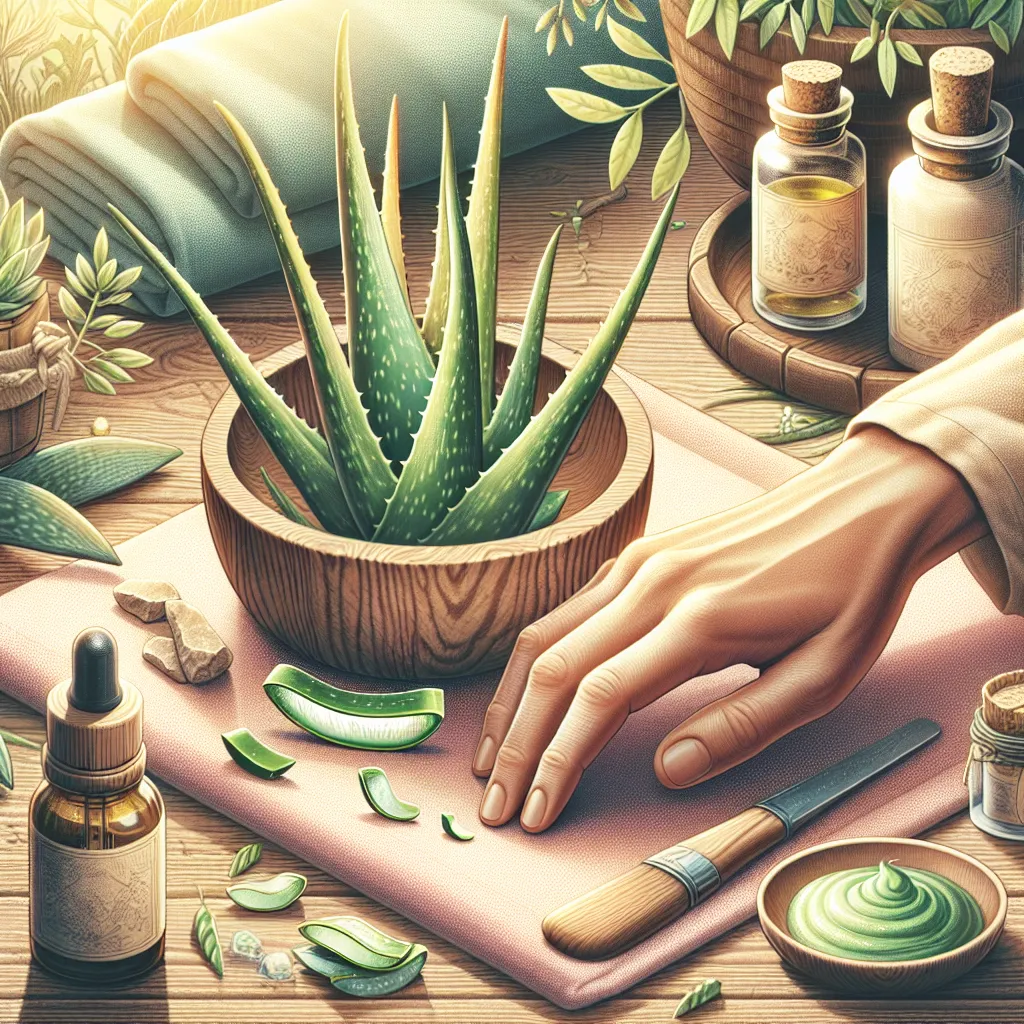 Uma imagem de uma mão alcançando uma planta de aloe vera natural, com uma pequena tigela de gel extraído na hora ao lado. O fundo mostra uma mesa de madeira adornada com óleos essenciais e um pano macio, criando uma atmosfera tranquila e curativa.