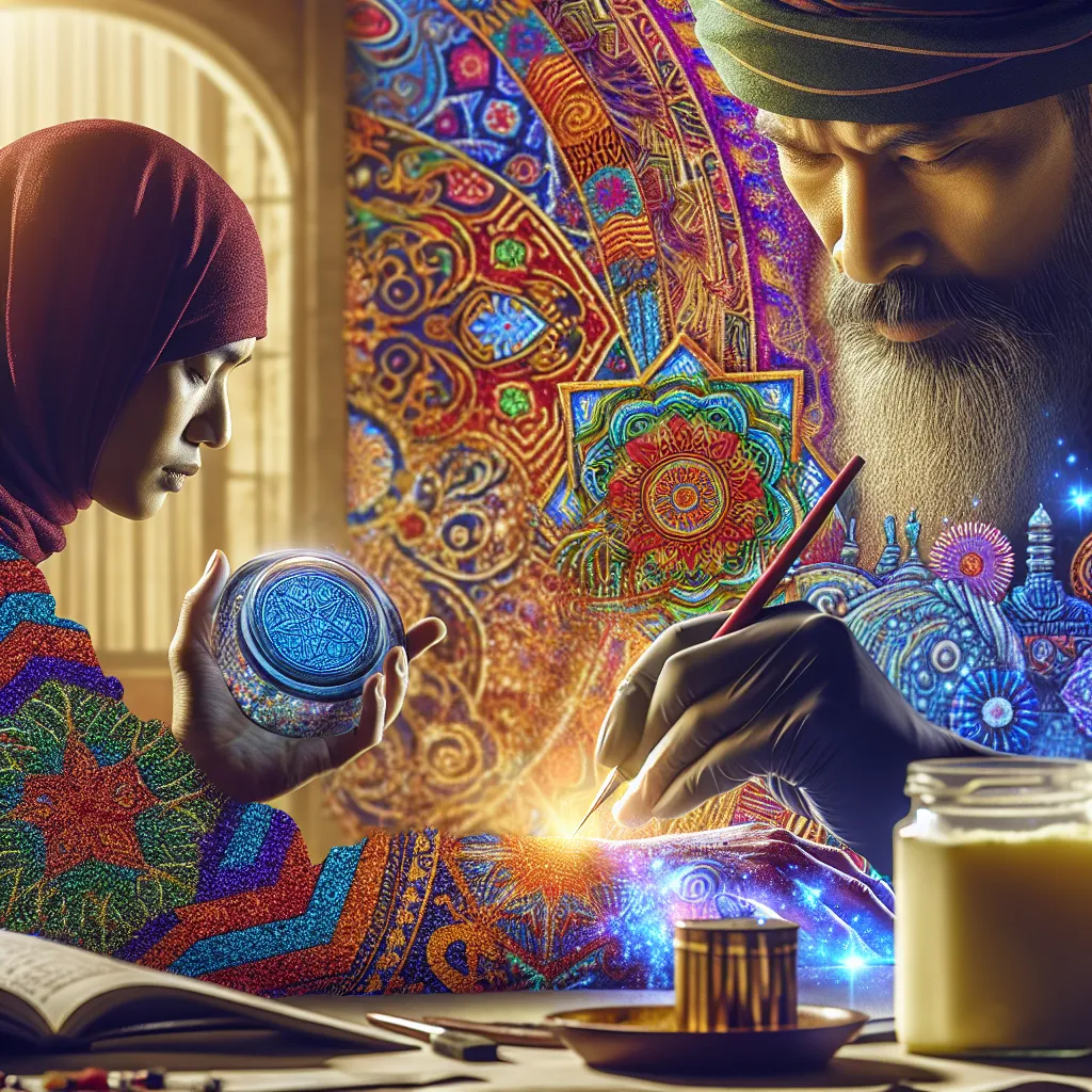 Tatuador criando arte vibrante no braço Uma imagem artística de um tatuador cuidadosamente tatuando um desenho detalhado no braço de uma pessoa, com um pote sutil de manteiga colocado próximo na mesa. O foco está na tinta vibrante e no design intrincado, simbolizando a fusão da criatividade com as escolhas pessoais.