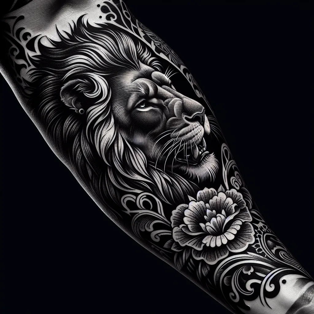 Tatuagem de leão com elementos florais no antebraço Uma imagem de uma tatuagem de leão ousada e intricadamente desenhada no antebraço de uma pessoa, exibindo sua expressão feroz e postura poderosa. A tatuagem é cercada por elementos florais sutis, enfatizando a força e a coragem enquanto adiciona um toque artístico. O tom da pele contrasta lindamente com a tinta escura.