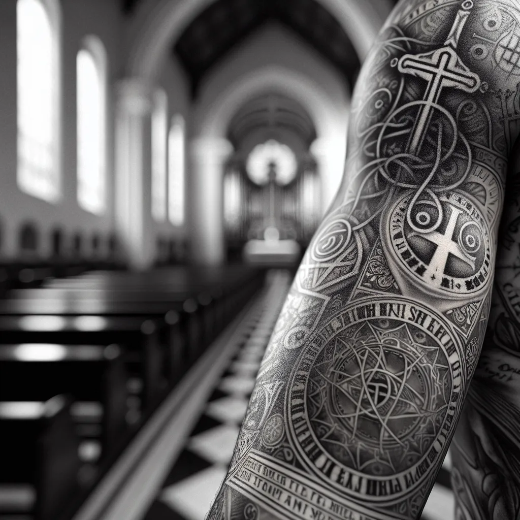 Uma imagem apresentando um close de um braço tatuado, exibindo designs intrincados de símbolos religiosos e escrituras ao lado de um fundo desfocado do interior de uma igreja. O contraste enfatiza o diálogo entre a arte corporal e a fé, convidando à contemplação sobre a interseção da expressão pessoal e as crenças espirituais.