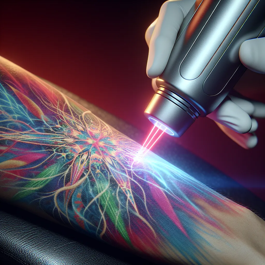 Um close-up de um dispositivo de remoção de tatuagem a laser em ação, destacando o feixe preciso mirando uma tatuagem colorida em um antebraço. O fundo está suavemente desfocado, enfatizando o foco no dispositivo e na tinta se dispersando abaixo da pele, ilustrando a eficácia e a tecnologia na remoção de tatuagens.