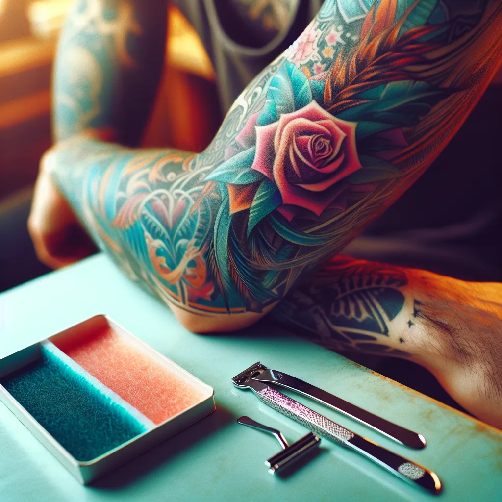 Uma imagem mostra um close do braço de uma pessoa exibindo orgulhosamente uma tatuagem recém-feita, enquanto um par de ferramentas de depilação, como uma lâmina e tiras de cera, repousam em uma mesa próxima. O fundo está suavemente desfocado para enfatizar as cores vibrantes da tatuagem.