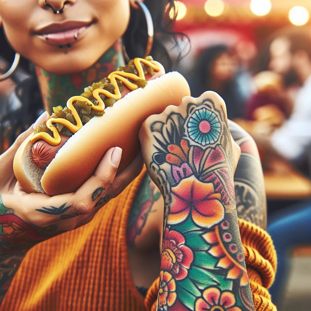 Um close intrigante de uma pessoa com uma tatuagem fresca e vibrante no braço, segurando um delicioso cachorro-quente coberto com mostarda e relish. O fundo apresenta um cenário ao ar livre animado, sugerindo um encontro casual ou um festival de comida.