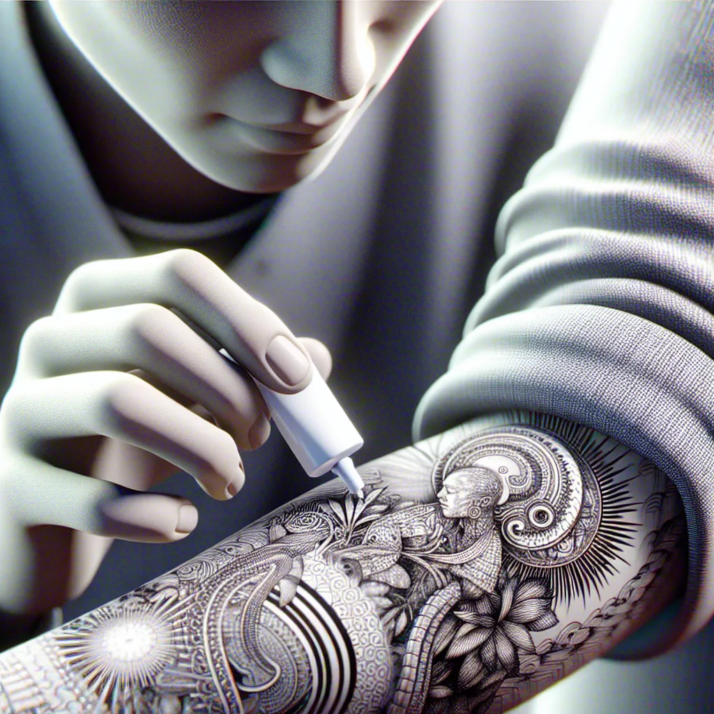 Cuidados pós-tatuagem e saúde Um close-up de uma pessoa aplicando gentilmente um creme cicatrizante para tatuagens em uma tatuagem fresca em seu braço, cercada por um ambiente calmo e sereno. A tatuagem apresenta designs intrincados, enfatizando a expressão pessoal, enquanto a expressão reflexiva do indivíduo reflete a importância de considerar condições de saúde como a epilepsia antes de fazer uma tatuagem.