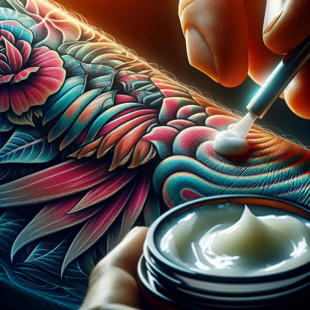 Uma imagem de um close de um braço de uma pessoa adornado com uma tatuagem vibrante, mostrando um ungüento suave sendo aplicado na tinta fresca. A iluminação suave destaca a textura da pele e a arte detalhada, transmitindo uma sensação de cuidado e alívio enquanto a tatuagem cicatriza.