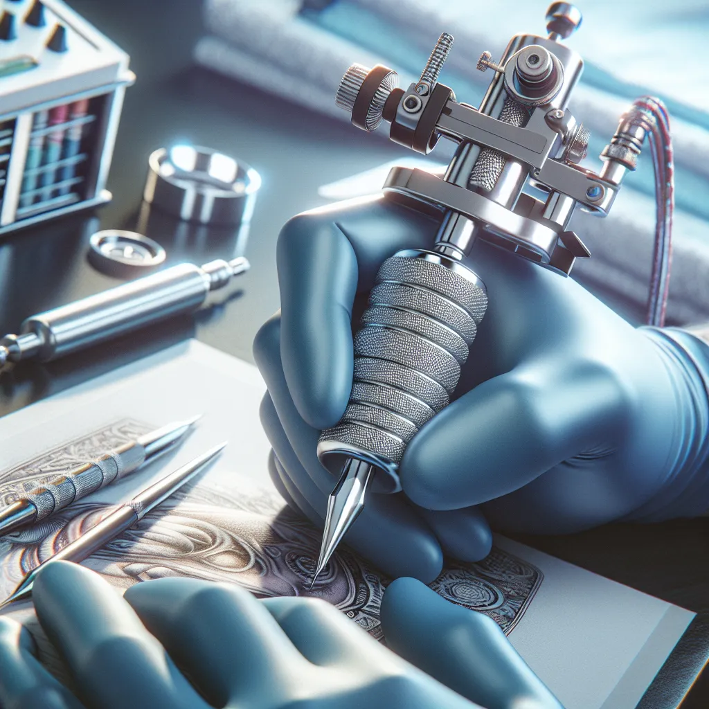 Uma imagem mostrando um close de uma máquina de tatuagem profissional com foco no processo de instalação da agulha. A máquina está colocada em um espaço de trabalho limpo e bem organizado, destacando ferramentas essenciais e a agulha de tatuagem sendo posicionada cuidadosamente, demonstrando precisão e atenção aos detalhes.