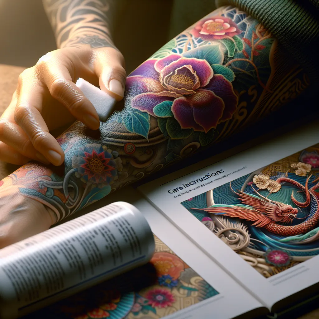 Cuidados com tatuagem recém-feita Uma imagem que apresenta um close de uma tatuagem recém-feita no braço de uma pessoa, com uma mão aplicando suavemente um ungüento calmante. A luz natural suave destaca as cores vibrantes da tatuagem, enquanto um pequeno manual com instruções de cuidados repousa ao lado, enfatizando a natureza passo a passo do post.