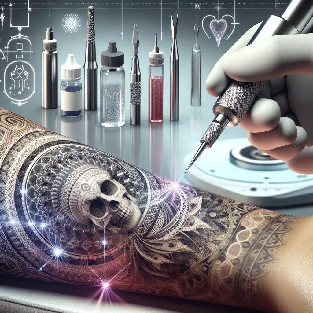 Procedimento de remoção de tatuagem a laser Uma imagem de um close de uma tatuagem desbotada no antebraço de uma pessoa, com um feixe de laser suave mirando o design. Ao fundo, diversas ferramentas e soluções estão sutilmente exibidas, sugerindo diferentes métodos para desbotar tatuagens. Um ambiente limpo e clínico sugere profissionalismo na remoção de tatuagens.