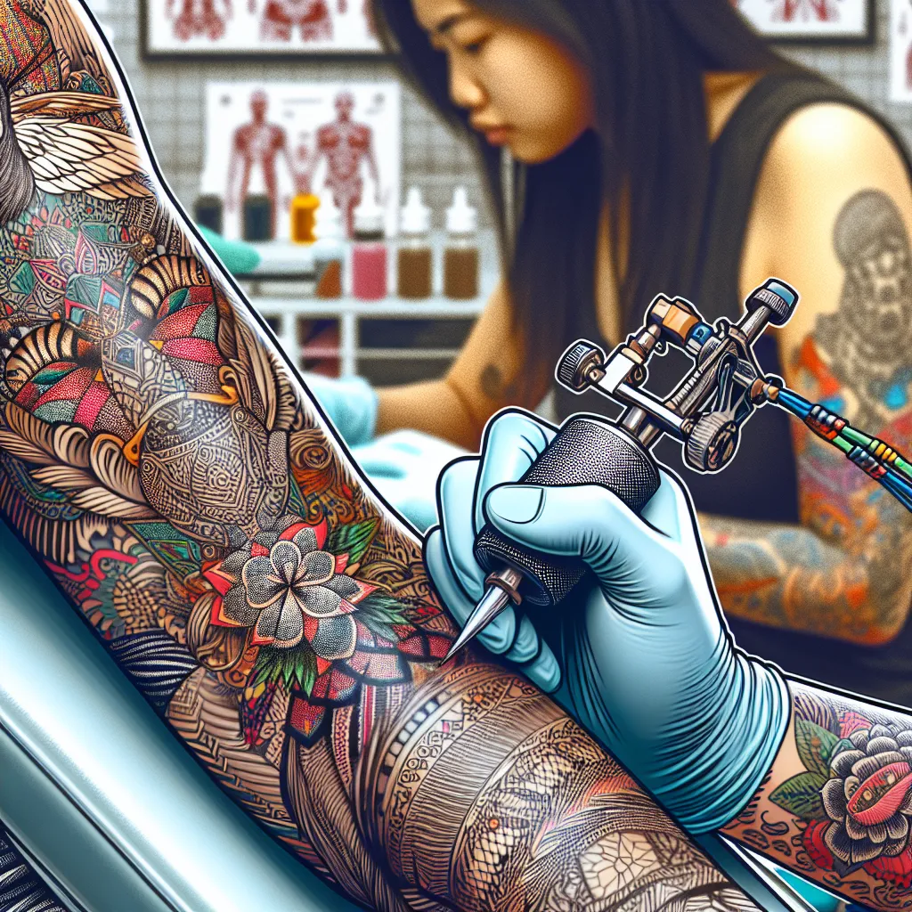 Arte corporal em estúdio moderno Um close-up do braço de uma pessoa adornado com diversos designs de tatuagens, exibindo detalhes intrincados e cores vibrantes. Ao fundo, um tatuador é visto trabalhando em um estúdio limpo e moderno, criando arte que combina expressão pessoal com habilidade artesanal.