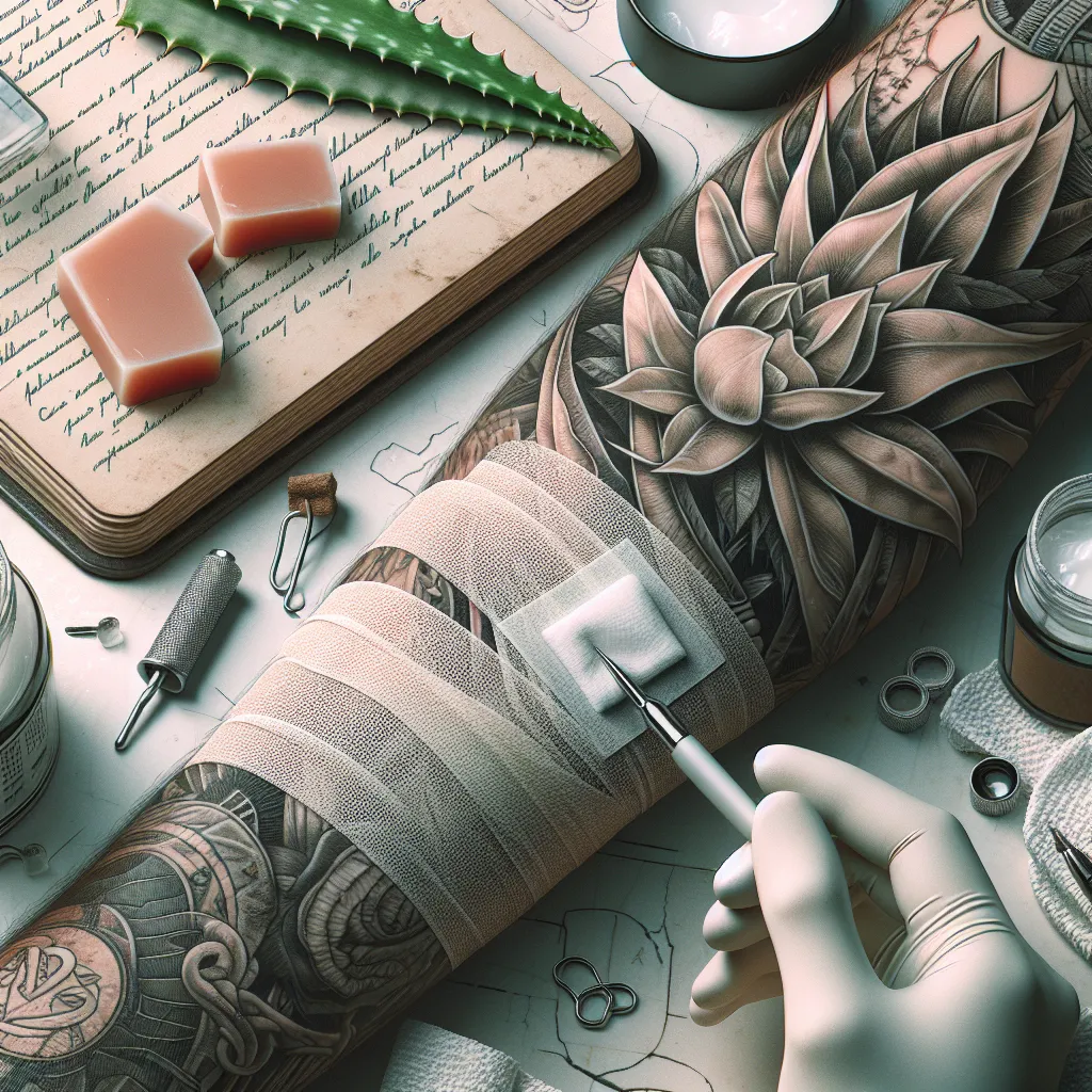 Um close de uma tatuagem recém-feita em um braço, com um curativo suave, colocado à mão, cobrindo parcialmente. Ao redor do braço, há itens naturais de cura como aloe vera e óleo de coco, junto a um pequeno caderno com dicas de cuidados pós-tatuagem escritas à mão. O fundo está suavemente desfocado para destacar o foco.