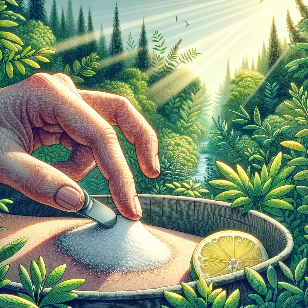 Remédios naturais para remoção de tatuagens Uma cena ao ar livre serena, apresentando uma mão gentilmente esfregando uma mistura de suco de limão e sal em uma pequena tatuagem. A vegetação ao redor e a luz suave do sol ressaltam a abordagem natural, transmitindo uma sensação de remédios herbais e autocuidado nos métodos de remoção de tatuagens.