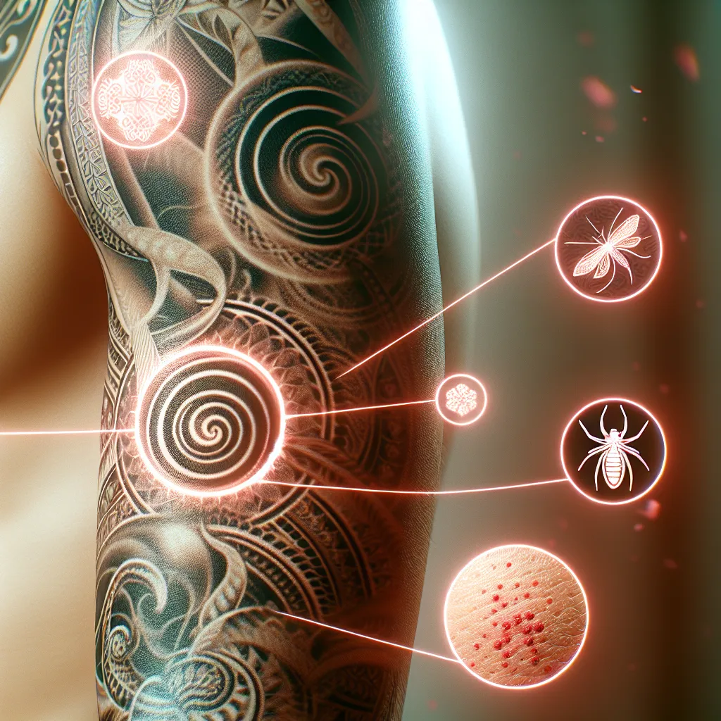 Tatuagem com reações alérgicas no braço Uma imagem de um close de uma tatuagem no braço de uma pessoa, mostrando designs intrincados. Ao redor, estão símbolos de reações alérgicas, como uma erupção ou vermelhidão. O fundo está ligeiramente desfocado para enfatizar a tatuagem e as reações, criando uma conexão visual entre a arte e as potenciais sensibilidades da pele.