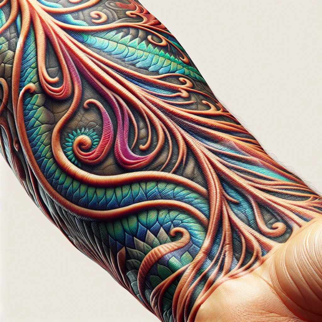 Tatuagem detalhada em cores vibrantes no antebraço Uma imagem de um close de uma tatuagem intricadamente desenhada em um antebraço levemente curvado, com a textura da pele visível mostrando alguns leves flacidez como resultado da perda de peso. As cores vibrantes da tatuagem contrastam com a pele, realçando as mudanças sem comprometer a integridade da obra de arte.
