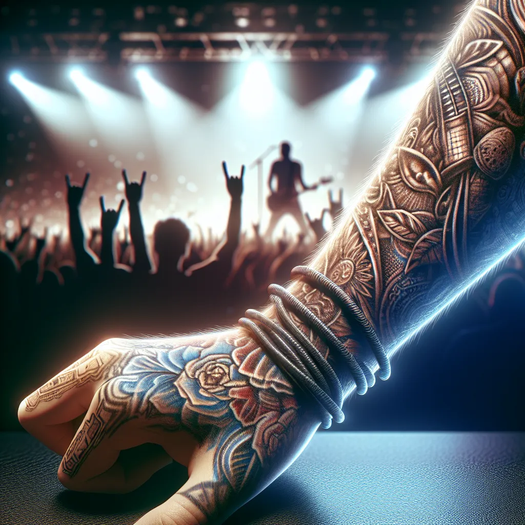 Um close de um braço tatuado, destacando desenhos intrincados, com o fundo apresentando uma cena de concerto desfocada, simbolizando a energia vibrante do K-pop. As tatuagens refletem histórias pessoais, mesclando arte e identidade, convidando os fãs a descobrir o significado por trás das tatuagens de seu membro favorito do BTS.