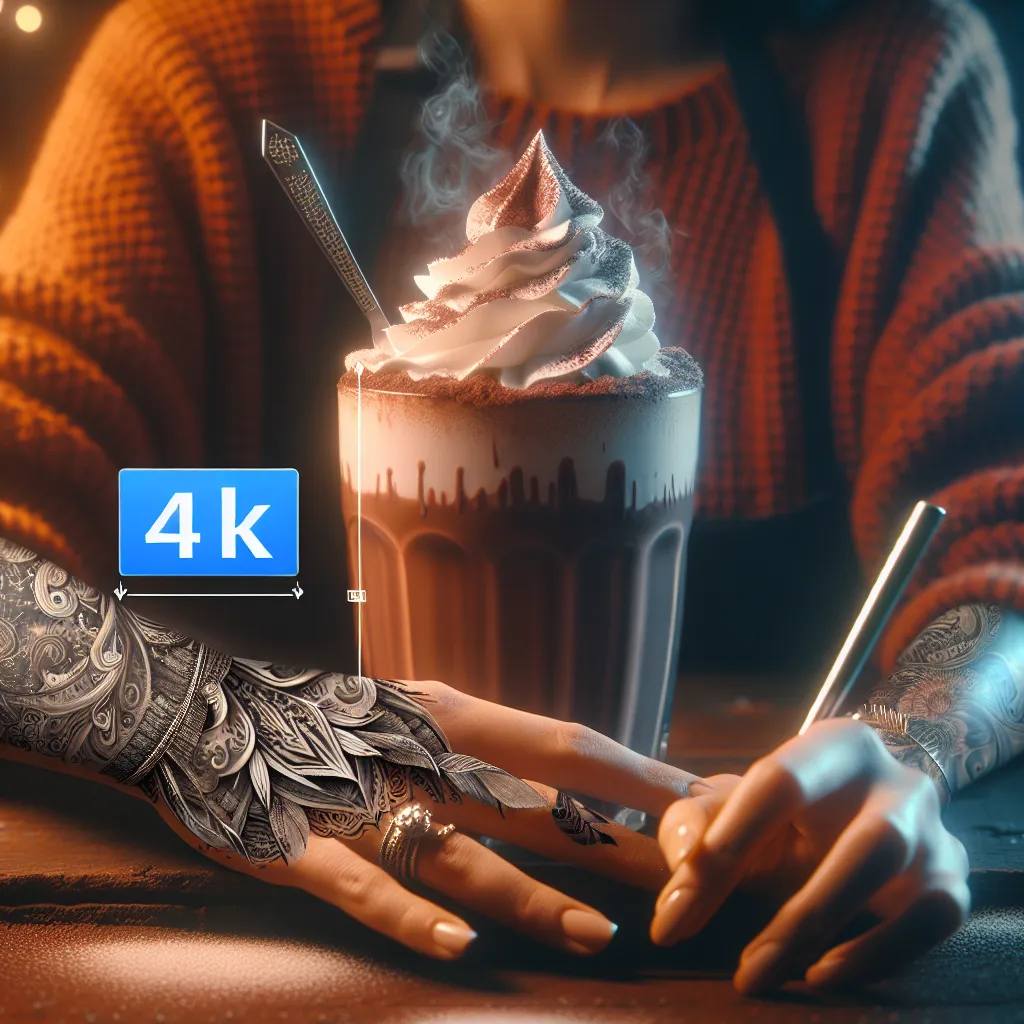 Tatuagem e Chocolate Quente: Conforto e Arte Uma imagem de uma tatuagem recém-feita no antebraço de uma pessoa ao lado de uma caneca fumegante de chocolate quente com leite, coberta com chantilly. O fundo apresenta um ambiente aconchegante com iluminação suave, convidando o espectador a se entregar tanto à cultura da tatuagem quanto à comida confortante.