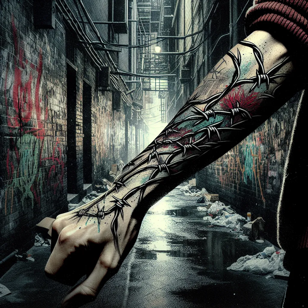 Tatuagem de arame farpado em beco urbano Uma imagem de um beco urbano escuro e sujo adornado com graffiti, apresentando um close em uma tatuagem no braço de um indivíduo. A tatuagem é intrincadamente desenhada com motivos de arame farpado, simbolizando resiliência e aprisionamento, refletindo profundas conexões com o submundo do crime. Sombras e cores suaves enfatizam uma sensação de perigo.