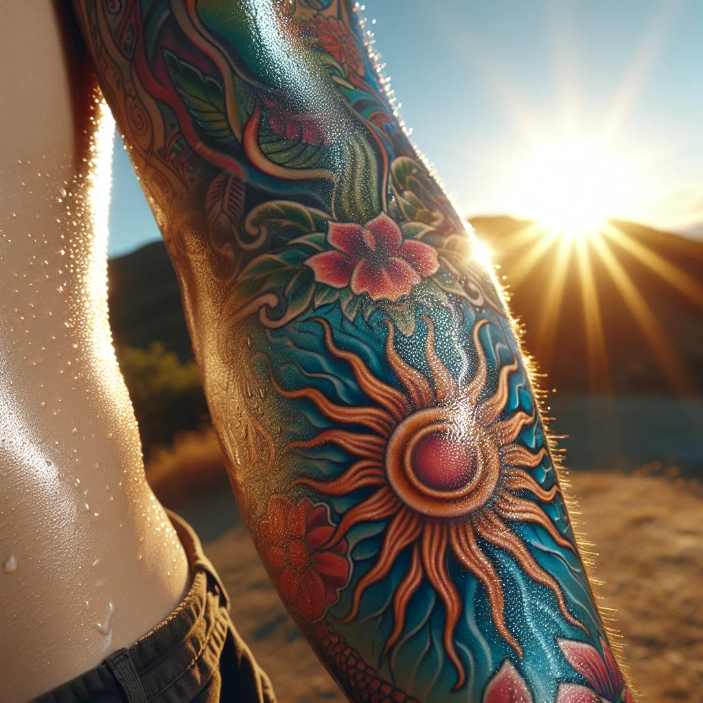 Tatuagem recém-feita ao sol Uma imagem de uma tatuagem recém-feita no antebraço de uma pessoa, brilhando com um leve brilho de suor. O fundo apresenta um ambiente ao ar livre ensolarado, destacando o contraste entre as cores vibrantes da tatuagem e a pele, enfatizando os possíveis efeitos do suor na cicatrização.