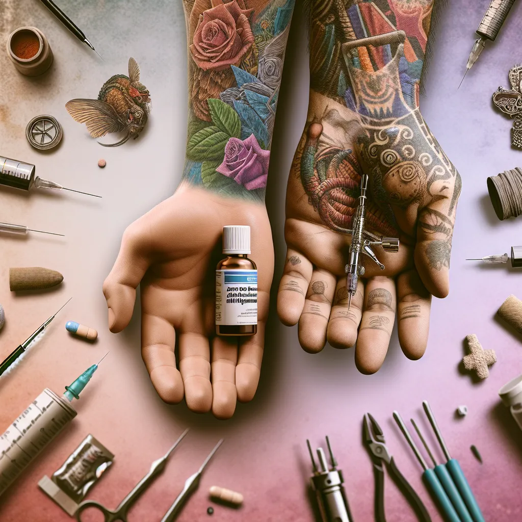 Cuidados pós-tatuagem com anti-inflamatório Uma imagem de close-up de uma mão segurando um pequeno frasco de medicamento anti-inflamatório ao lado de uma tatuagem recém-feita em um braço. O fundo apresenta cores suaves e apagadas, com alguns suprimentos de tatuagem, como frascos de tinta e agulhas, enfatizando o cuidado e os cuidados pós-tatuagem.