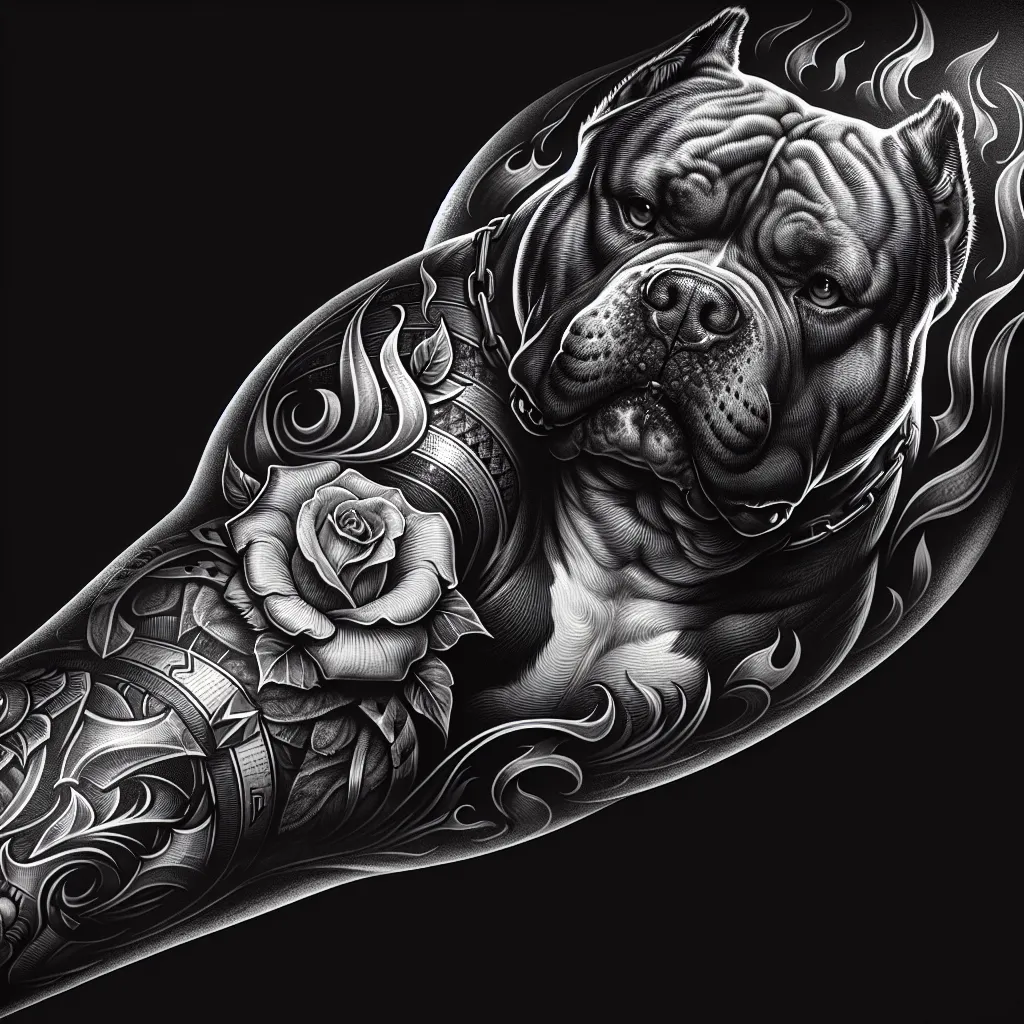Tatuagem de pit bull feroz com elementos de força e proteção Uma tatuagem artística de um pit bull feroz com traços intrincados e sombreamento, exibindo sua estrutura muscular e expressão determinada. A tatuagem está tatuada em um antebraço, cercada por elementos sutis como rosas ou chamas, simbolizando lealdade, força e proteção.