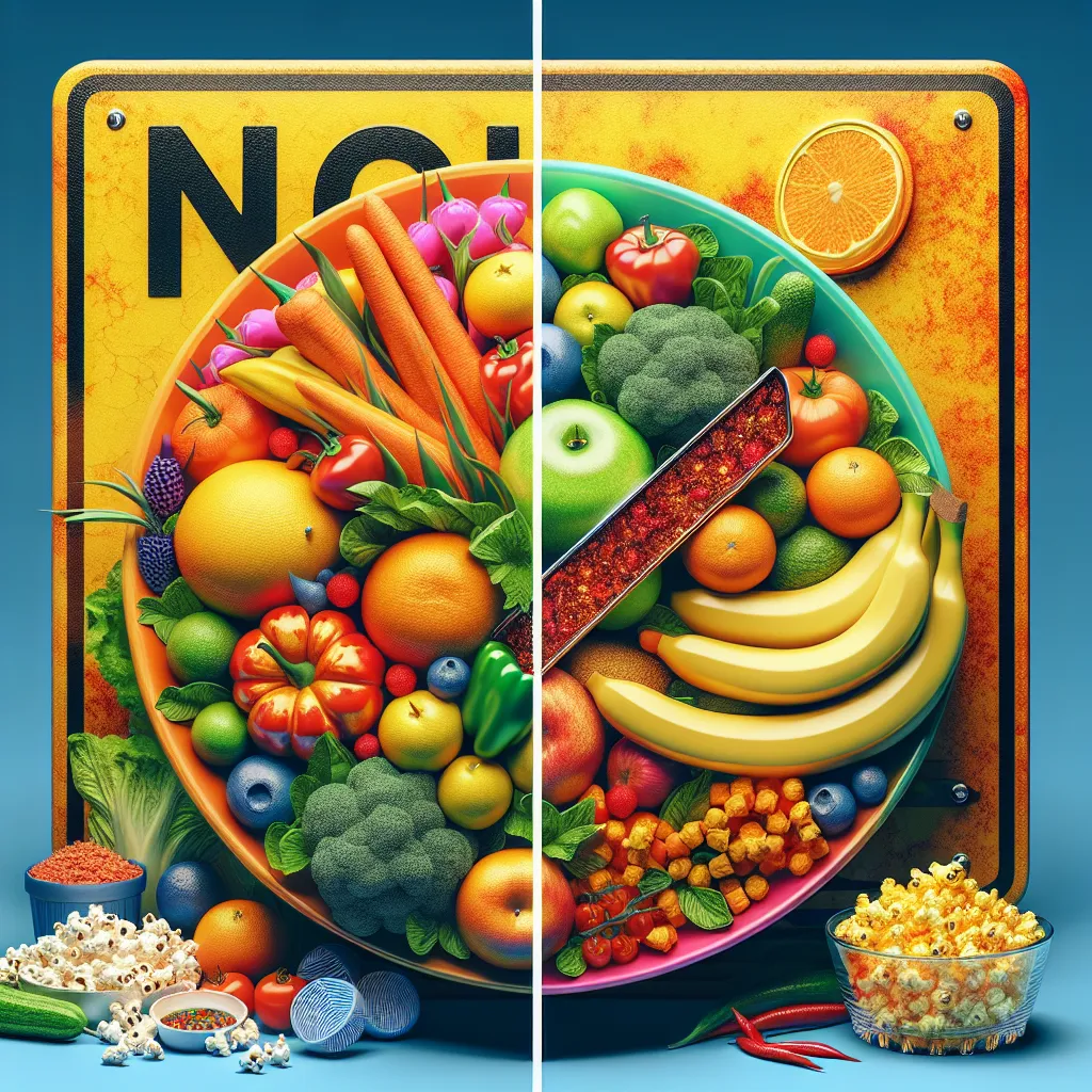 Uma imagem de um prato vibrante e saudável, cheio de frutas e vegetais frescos, ao lado de um sinal de aviso claro com a palavra \