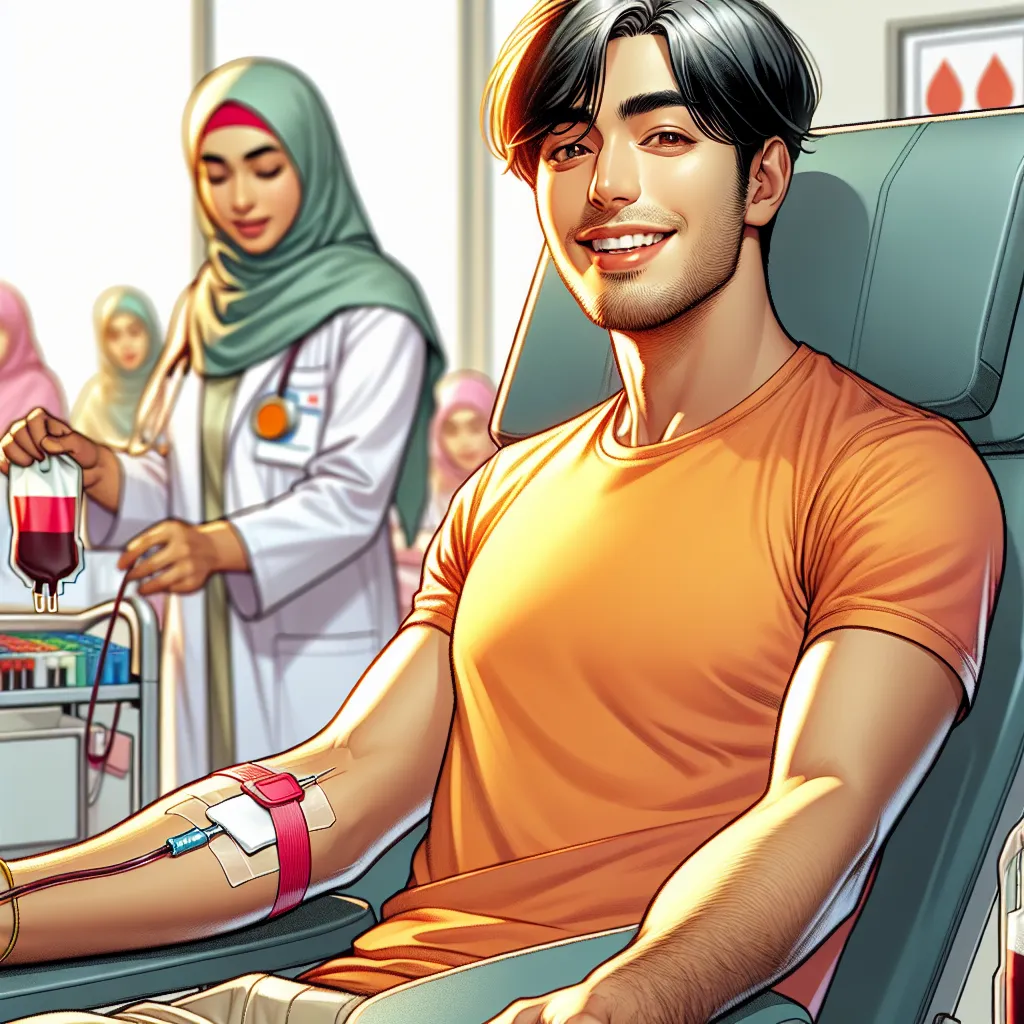 Uma imagem de um jovem adulto sentado em uma cadeira de doação com uma expressão alegre, mostrando o braço com um pequeno curativo após doar sangue. Ao fundo, um profissional de saúde prepara os materiais de doação, enfatizando um ambiente limpo e acolhedor. Cores brilhantes transmitem uma sensação de positividade e envolvimento comunitário.