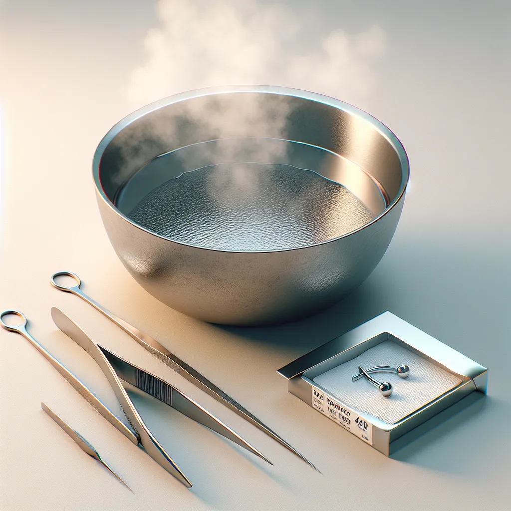 Uma imagem de um espaço de trabalho limpo e bem organizado, apresentando uma tigela de aço inoxidável cheia de água quente e fumegante. Ao lado, um par de pinças esterilizadas e uma peça de piercing em sua embalagem, tudo isso contra um fundo neutro, enfatizando o foco na higiene e cuidado no processo de perfuração.