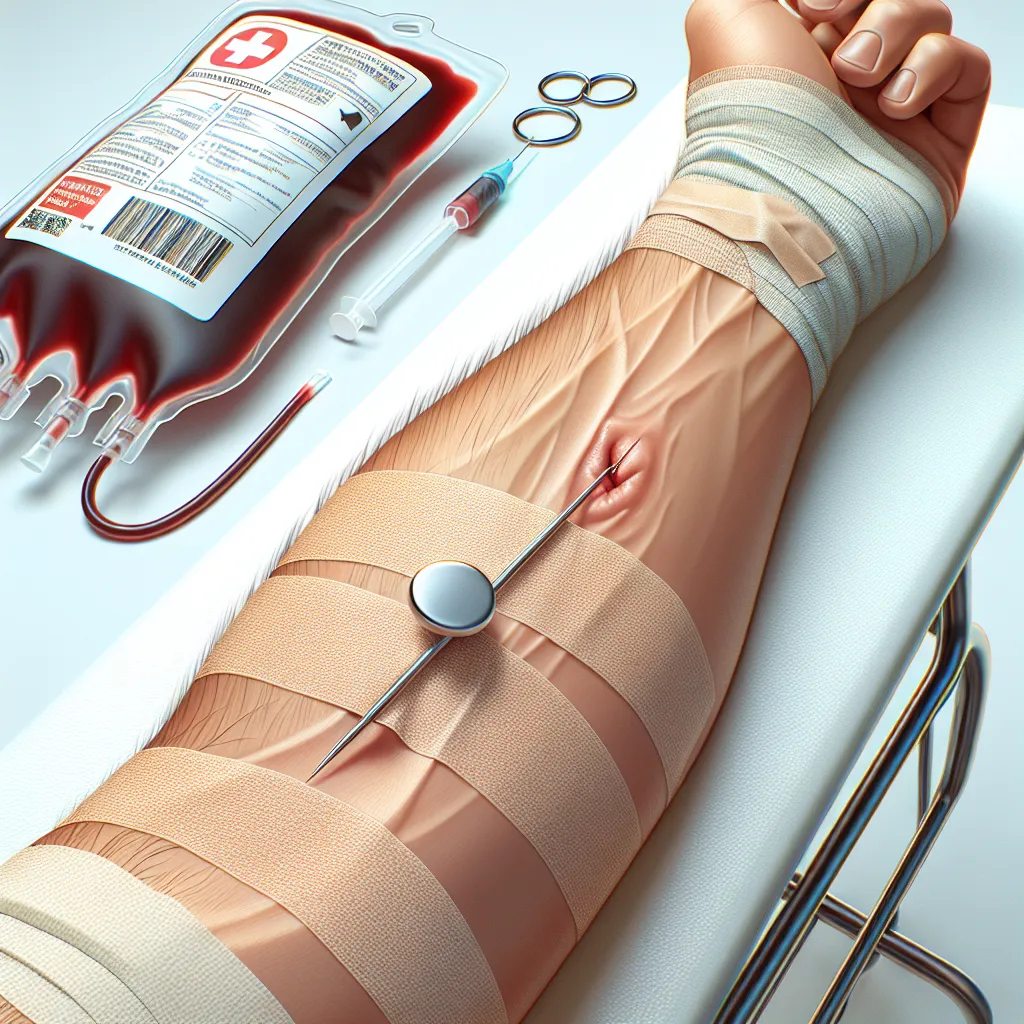 Doação de sangue após piercing Uma imagem mostrando um close de um braço de uma pessoa com um curativo em uma área recém-perfurada, ao lado de uma bolsa de doação de sangue e suprimentos médicos ao fundo. O cenário transmite uma sensação de saúde e segurança, destacando a conexão entre piercings e a elegibilidade para doação de sangue.
