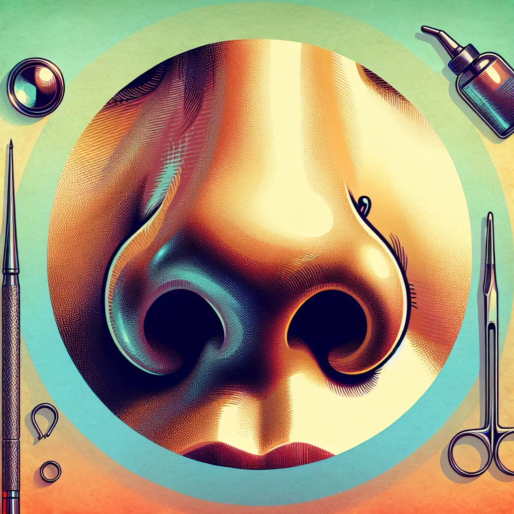 Cuidados com piercing danificado Uma imagem retratando um close de um nariz com um piercing brilhante e ligeiramente danificado, em meio a um fundo calmante com cores suaves. A cena inclui ferramentas essenciais para piercing e produtos de cuidados posteriores, sugerindo um momento de calma e segurança ao lidar com uma situação inesperada.