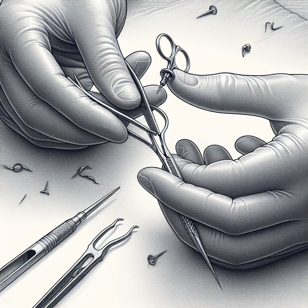 Remoção cuidadosa de piercing com precisão Uma imagem mostrando um close de um par de mãos segurando delicadamente um piercing de aço cirúrgico, com um par de pinças e uma pequena ferramenta de corte nas proximidades. O fundo está suavemente desfocado, focando a atenção nas mãos e ferramentas, enfatizando a precisão e o cuidado no processo de retirada do piercing.