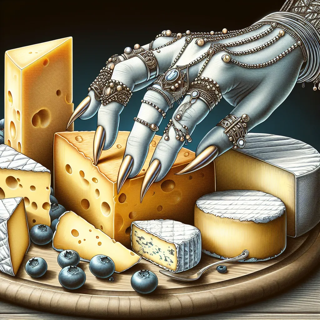 Uma imagem de perto de uma tábua de queijos apresentando vários tipos de queijos, incluindo brie cremoso e cheddar envelhecido, ao lado de uma mão glamourosa adornada com múltimos piercings brilhantes, alcançando delicadamente um pedaço de queijo, enfatizando o tema da indulgência e curiosidade.