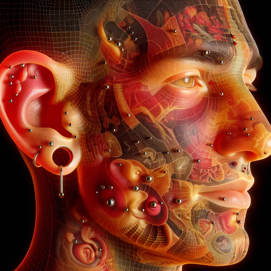 Mapa de dor em piercings no corpo humano Uma ilustração mostrando um mapa de dor detalhado do corpo humano, destacando vários locais de perfuração. Áreas como a cartilagem da orelha, a narina e o umbigo são marcadas com tons de vermelho e laranja para indicar níveis de dor mais altos, enquanto outras estão em cores mais frias para menor desconforto.