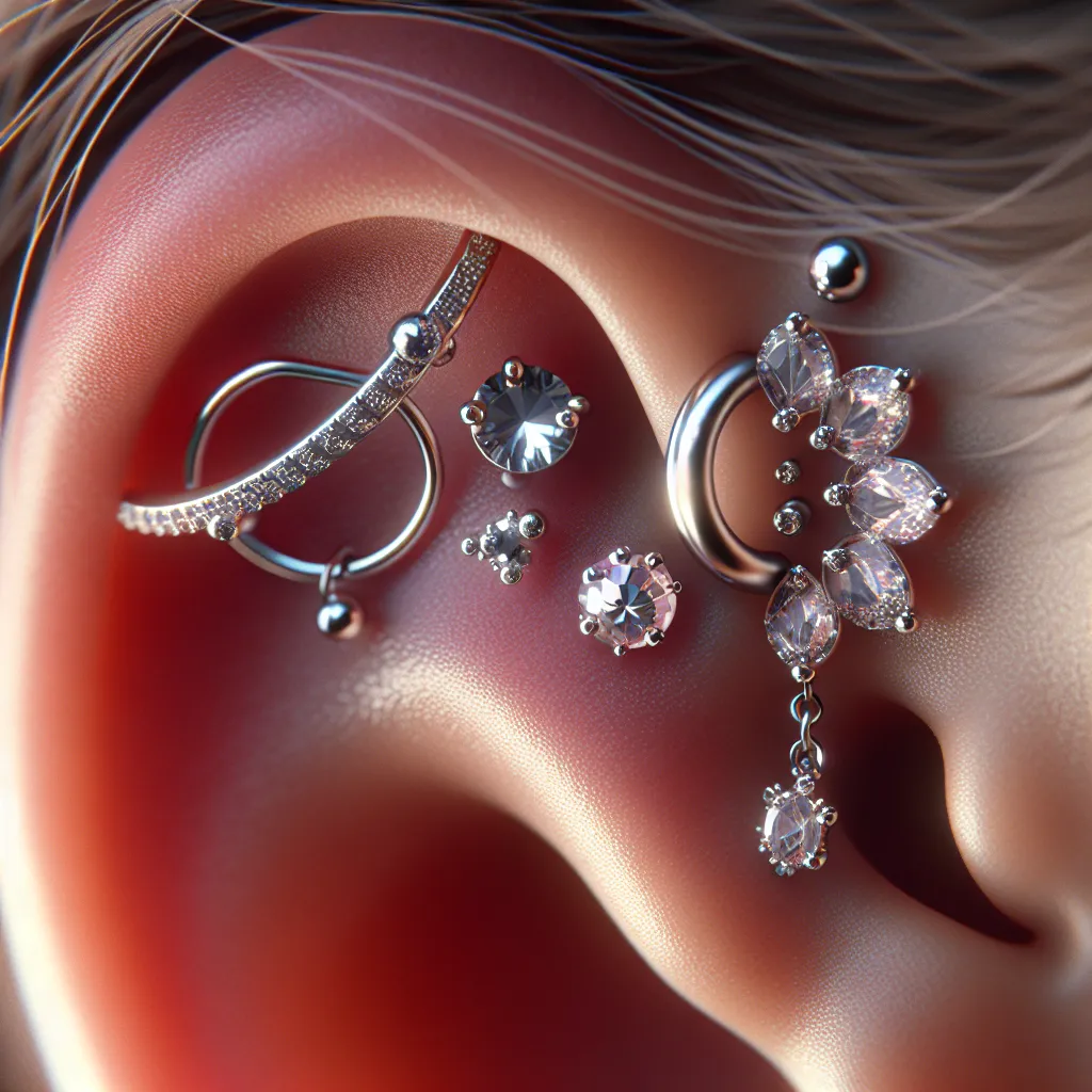Close de piercings na cartilagem com joias elegantes Uma imagem de um close de várias piercings na cartilagem adornadas com joias elegantes. O foco está em um argola de prata, um brinco brilhante e uma delicada pedra preciosa, destacando o estilo e a versatilidade das piercings na cartilagem contra um fundo suave e desfocado de pele humana.
