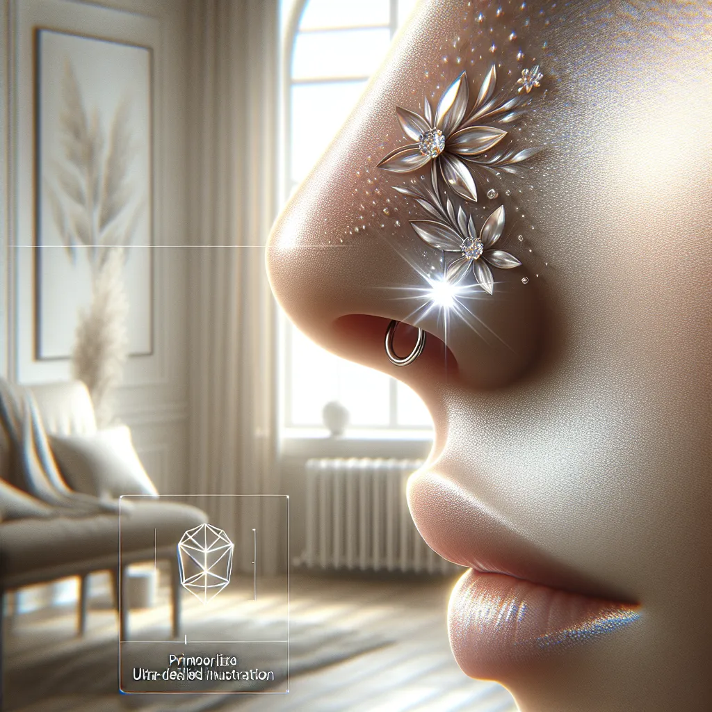 Uma imagem artística de um ambiente sereno e bem iluminado com um close de um nariz lindamente cicatrizado apresentando um delicado piercing com uma pedra brilhante. A suave luz natural destaca a pele lisa ao redor do piercing, enfatizando um senso de elegância e o cuidado tomado durante o processo de cicatrização.