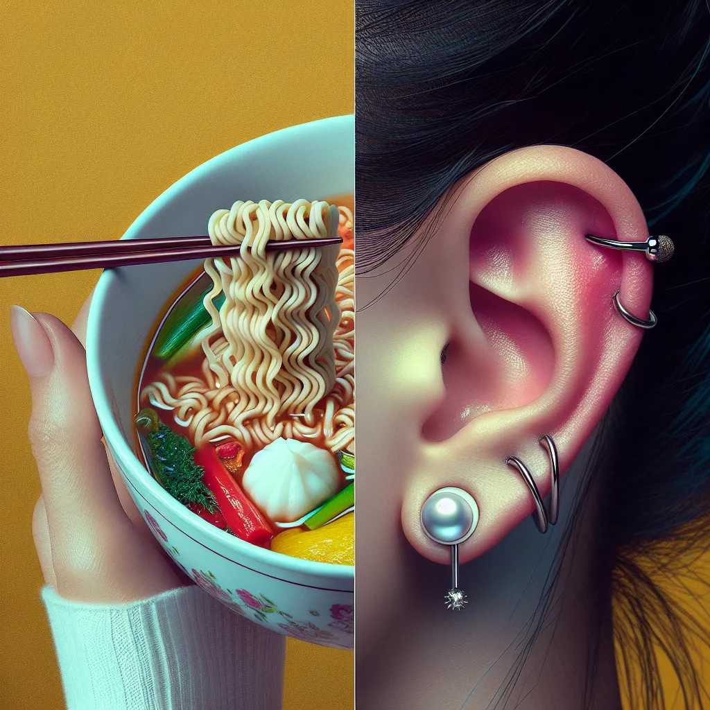 Uma imagem de uma tigela fumegante de macarrão instantâneo, decorada com vegetais coloridos e com pauzinhos repousando ao lado. Ao fundo, um close de uma lóbulo de orelha de uma pessoa exibindo um novo piercing brilhante, criando um contraste cativante entre comida e autoexpressão.
