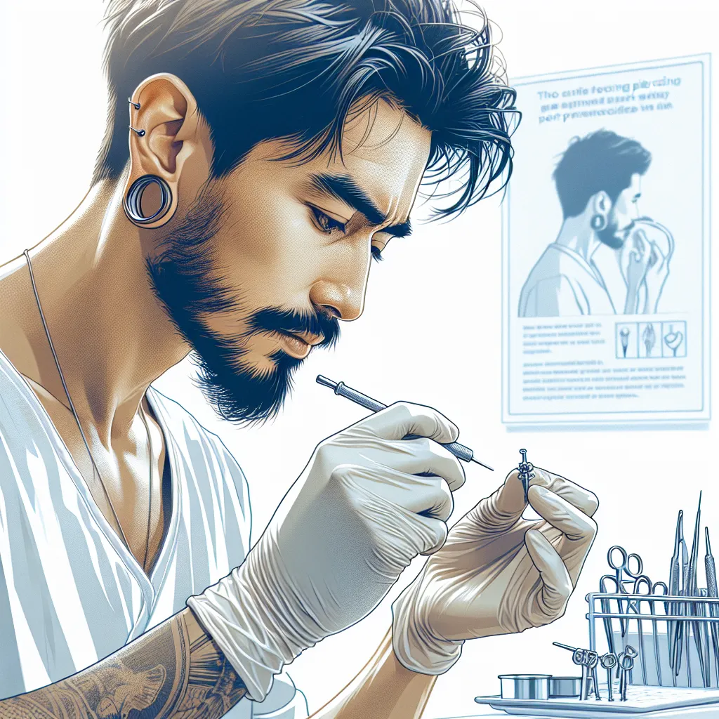 Preparação cuidadosa para perfuração segura Uma imagem de um close de um piercer profissional preparando ferramentas em um ambiente limpo e estéril, com uma expressão focada e contemplativa. O fundo mostra um estúdio minimalista e iluminado, enfatizando a limpeza e a segurança. Uma pequena placa sobre cuidados pós-procedimento pode ser vista, insinuando informações sobre cuidados após a perfuração.